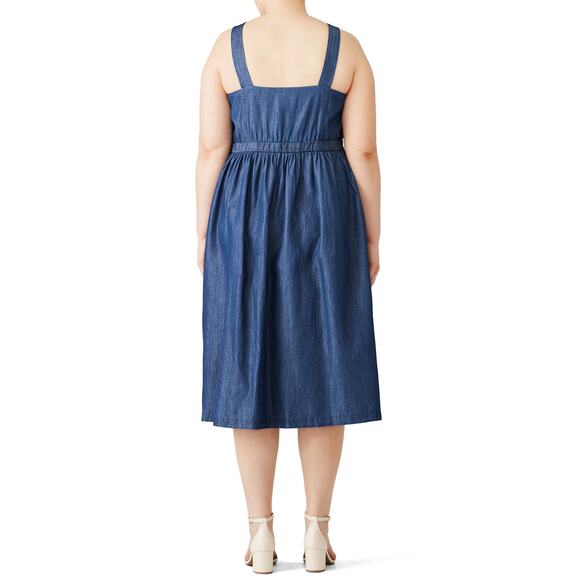 DRAPER JAMES X ELOQUII Denim Blue Chambray 100% Cotton Gold Button Dress sz 24 - Picture 2 of 15